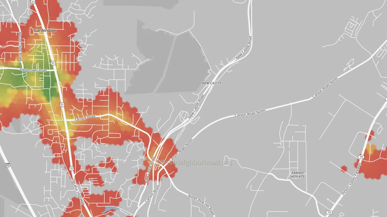 Walk Grade map of 35119, AL, walkable areas in green and car-dependent areas in red