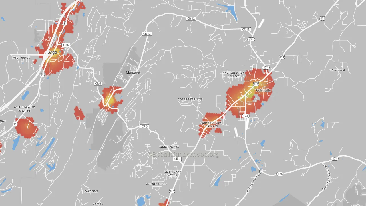Walk Grade map of 35120, AL, walkable areas in green and car-dependent areas in red