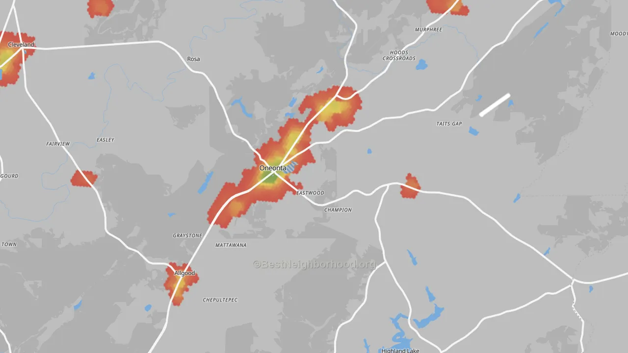 Walk Grade map of 35121, AL, walkable areas in green and car-dependent areas in red
