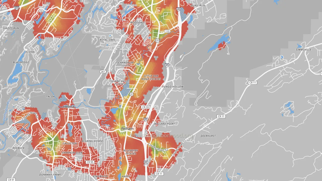 Walk Grade map of 35124, AL, walkable areas in green and car-dependent areas in red