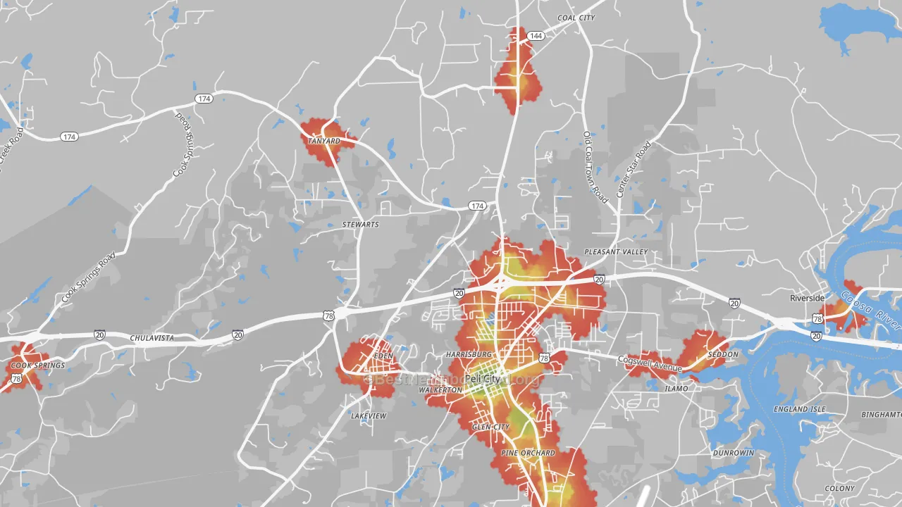 Walk Grade map of 35125, AL, walkable areas in green and car-dependent areas in red