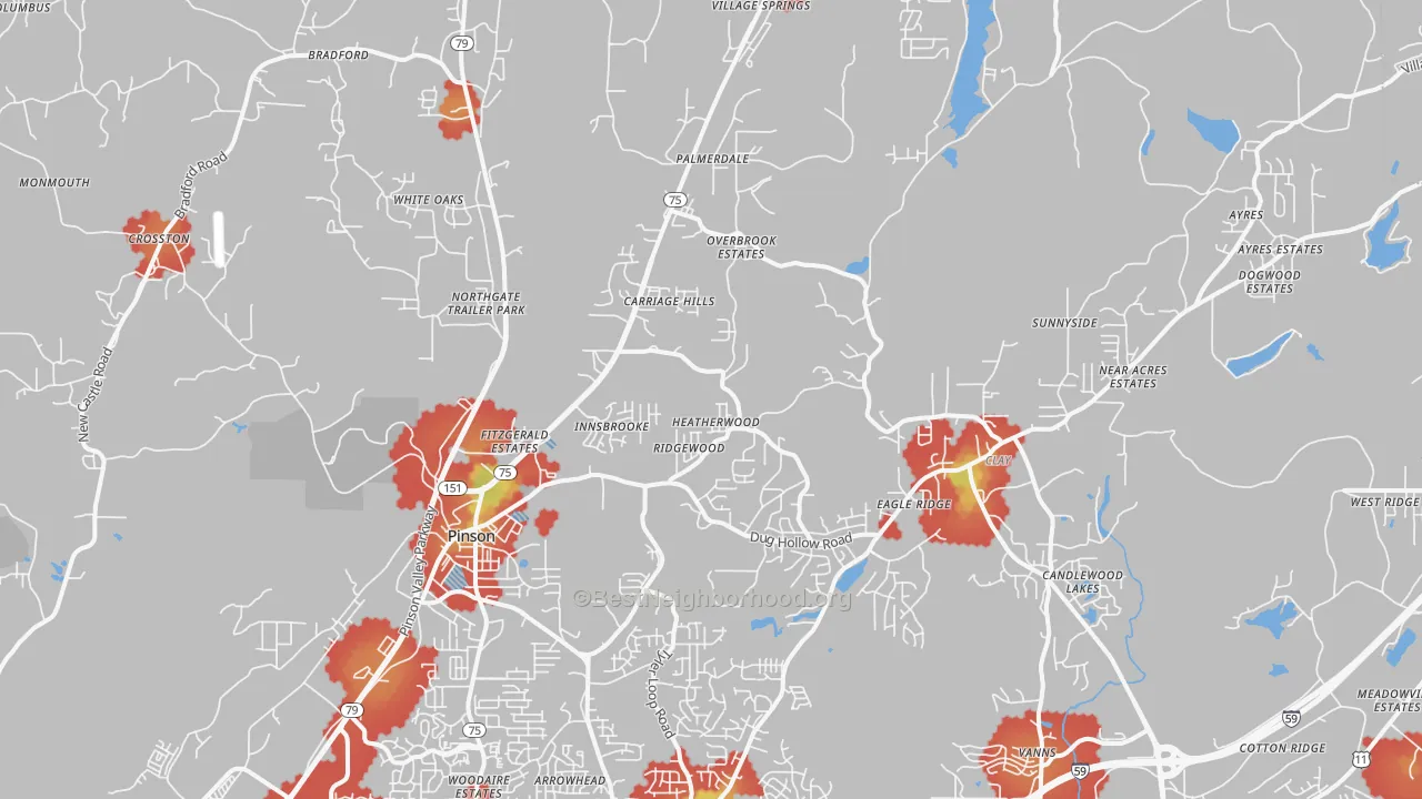 Walk Grade map of 35126, AL, walkable areas in green and car-dependent areas in red