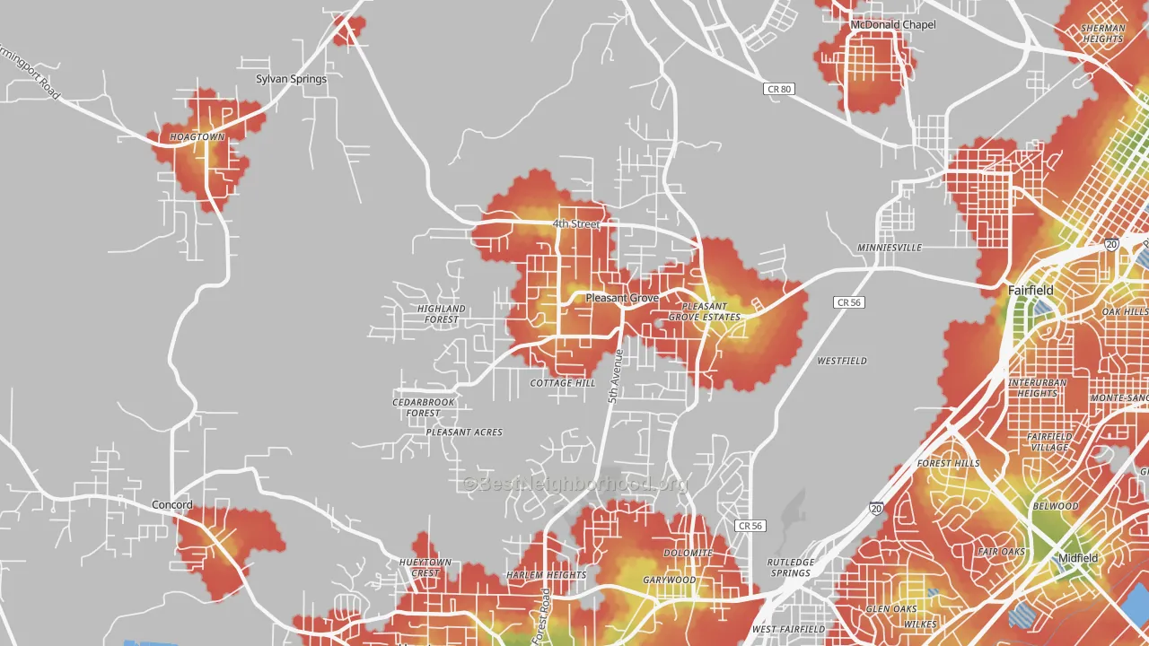 Walk Grade map of 35127, AL, walkable areas in green and car-dependent areas in red
