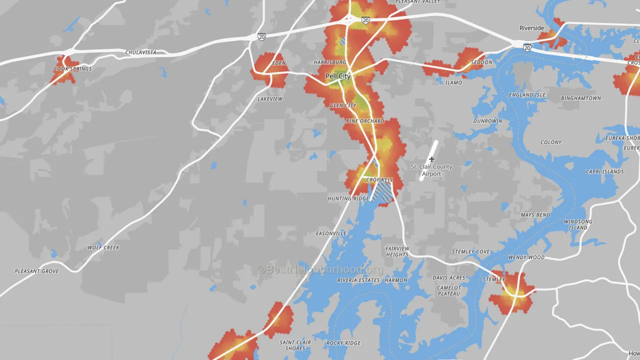 Walk Grade map of 35128, AL, walkable areas in green and car-dependent areas in red