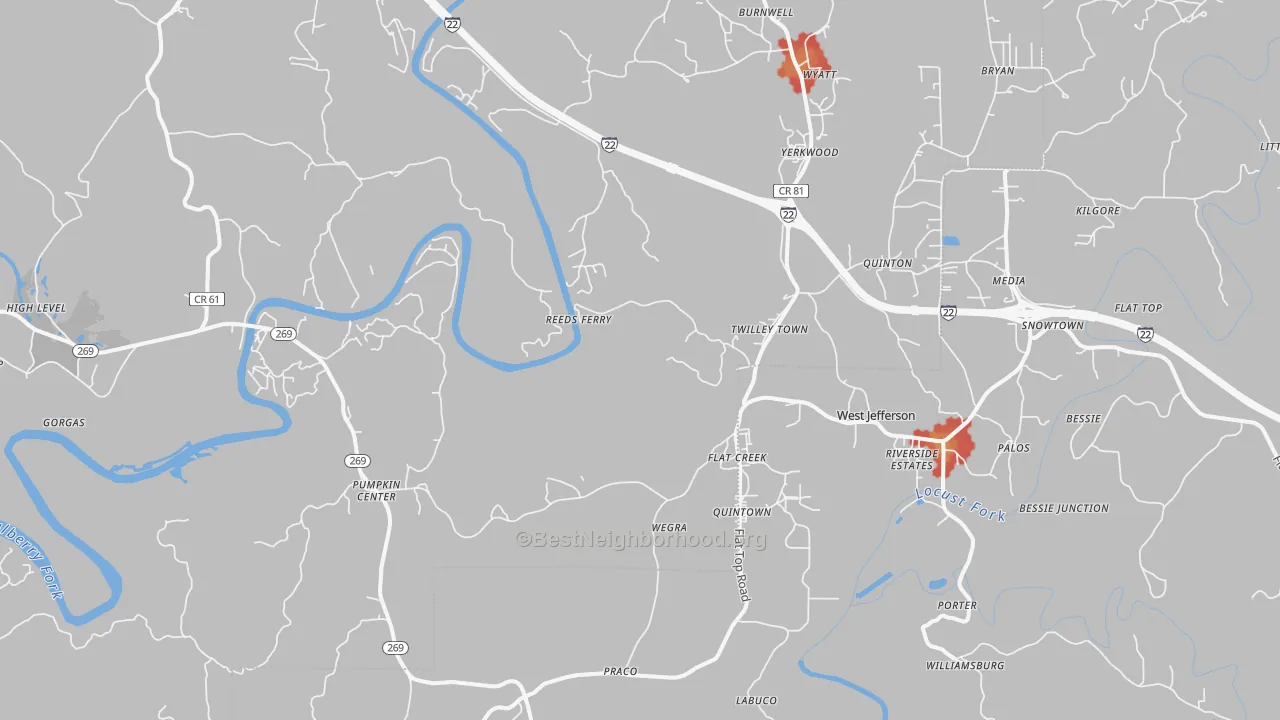 Walk Grade map of 35130, AL, walkable areas in green and car-dependent areas in red