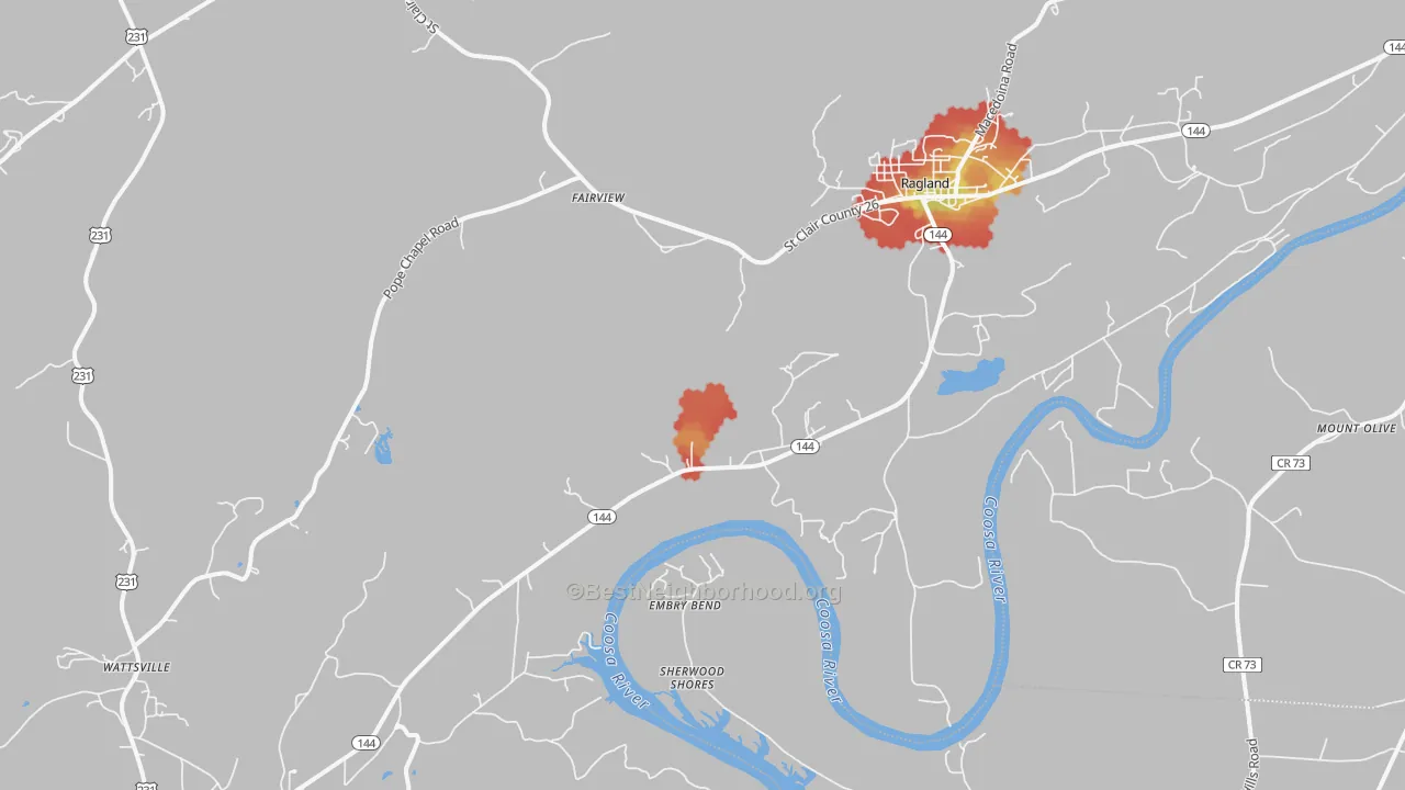Walk Grade map of 35131, AL, walkable areas in green and car-dependent areas in red