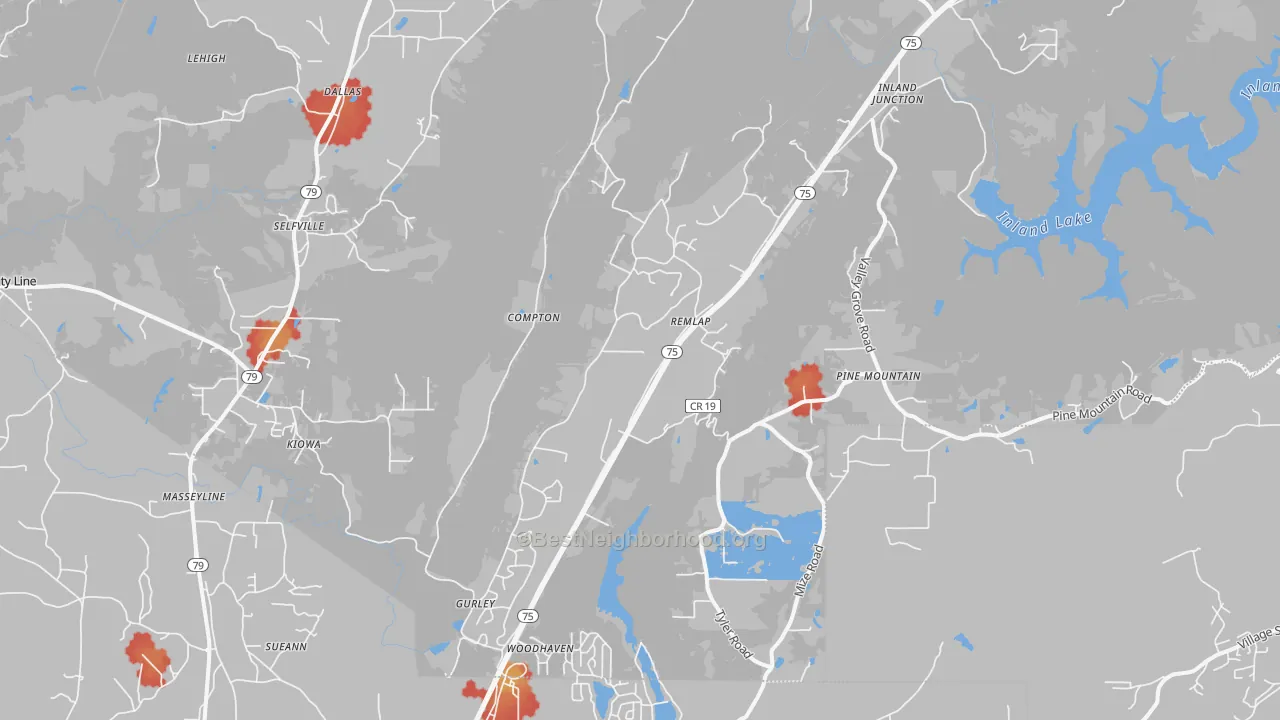 Walk Grade map of 35133, AL, walkable areas in green and car-dependent areas in red