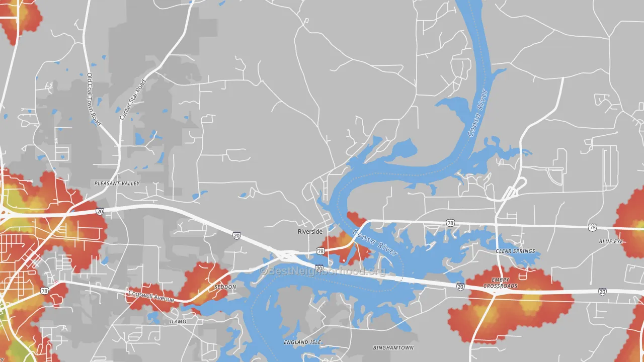 Walk Grade map of 35135, AL, walkable areas in green and car-dependent areas in red