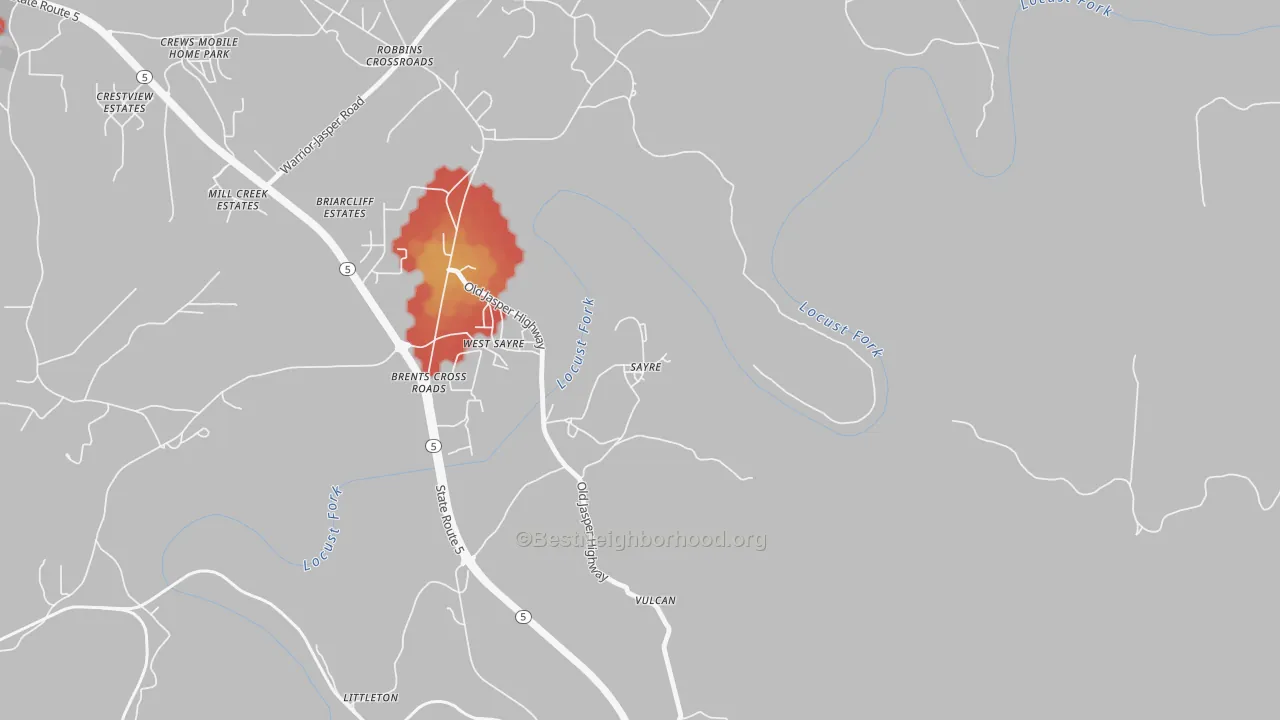 Walk Grade map of 35139, AL, walkable areas in green and car-dependent areas in red