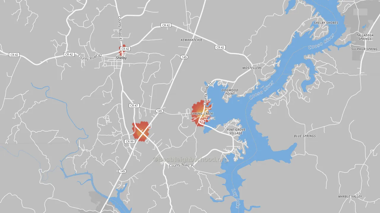 Walk Grade map of 35143, AL, walkable areas in green and car-dependent areas in red
