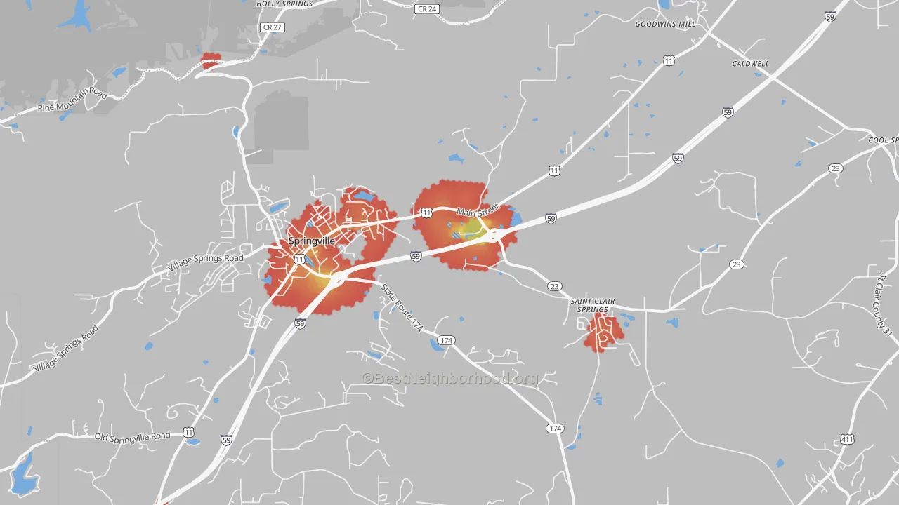 Walk Grade map of 35146, AL, walkable areas in green and car-dependent areas in red