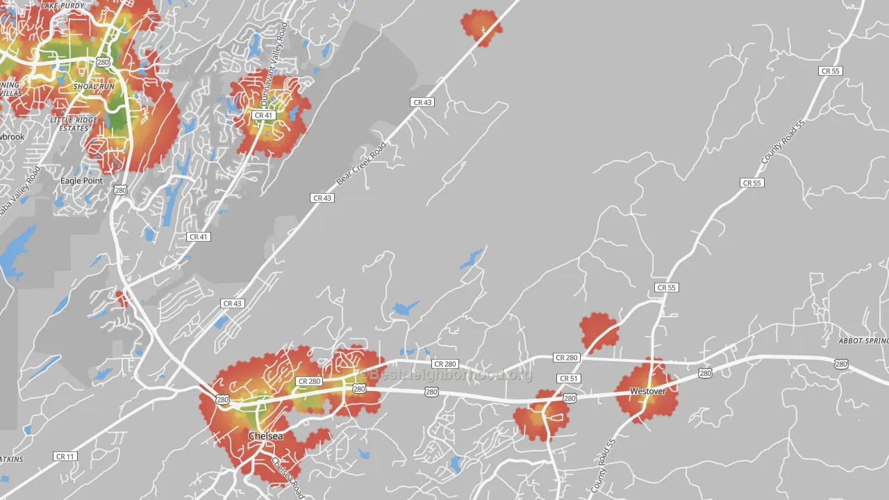 Walk Grade map of 35147, AL, walkable areas in green and car-dependent areas in red