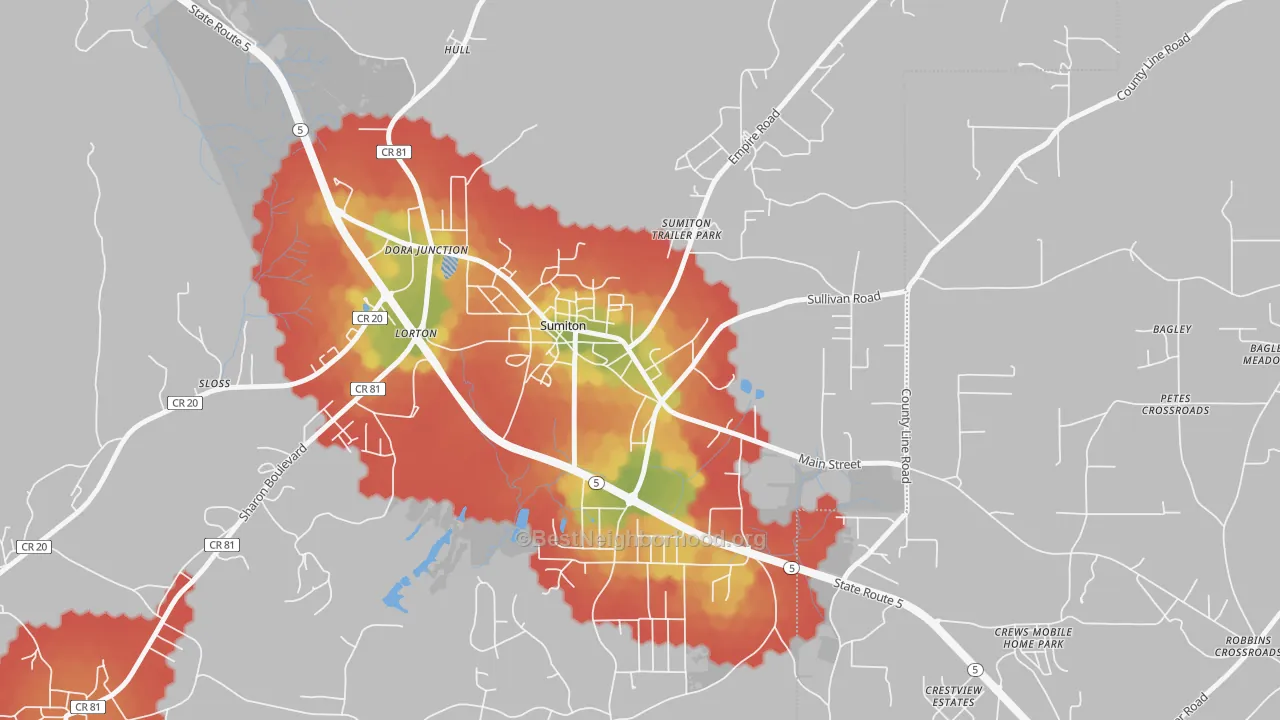 Walk Grade map of 35148, AL, walkable areas in green and car-dependent areas in red