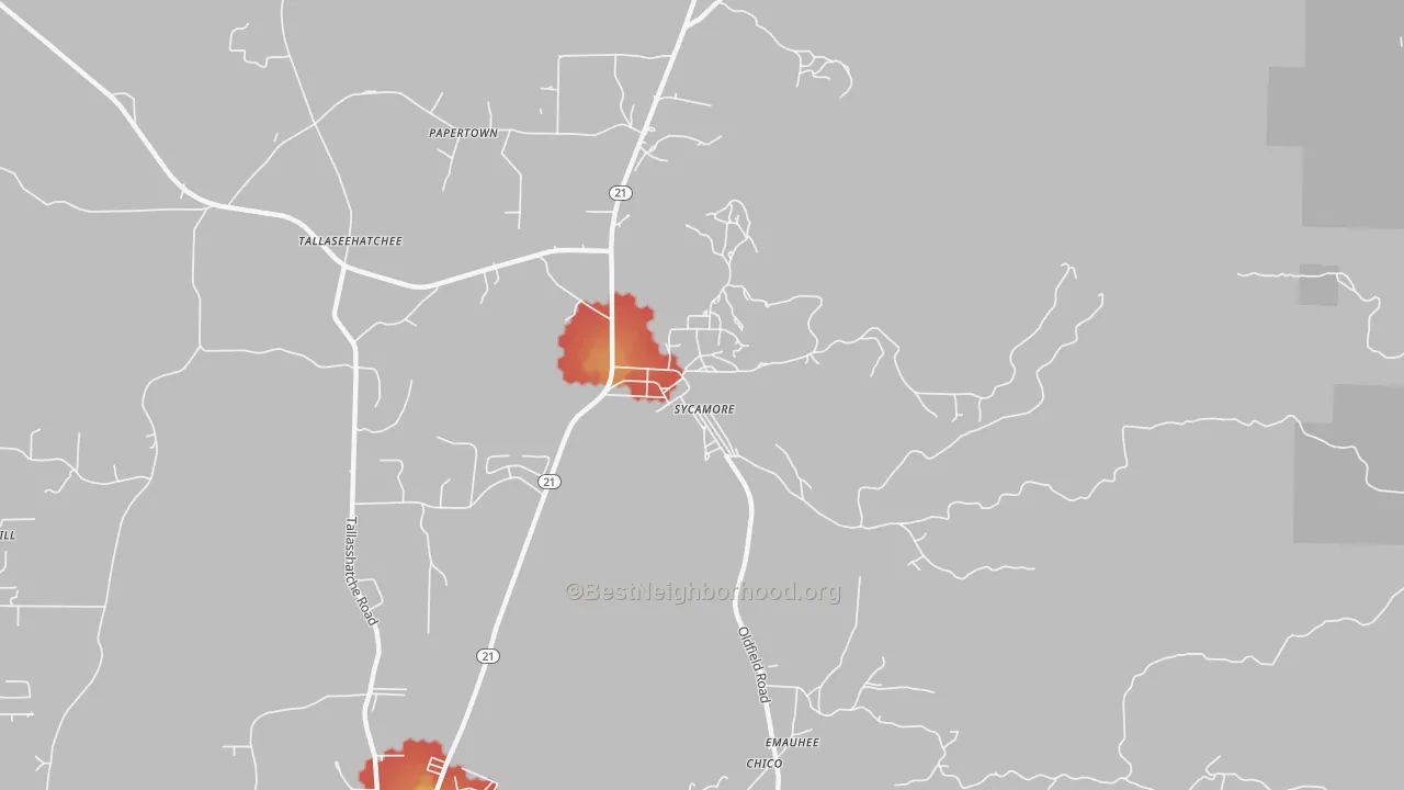 Walk Grade map of 35149, AL, walkable areas in green and car-dependent areas in red