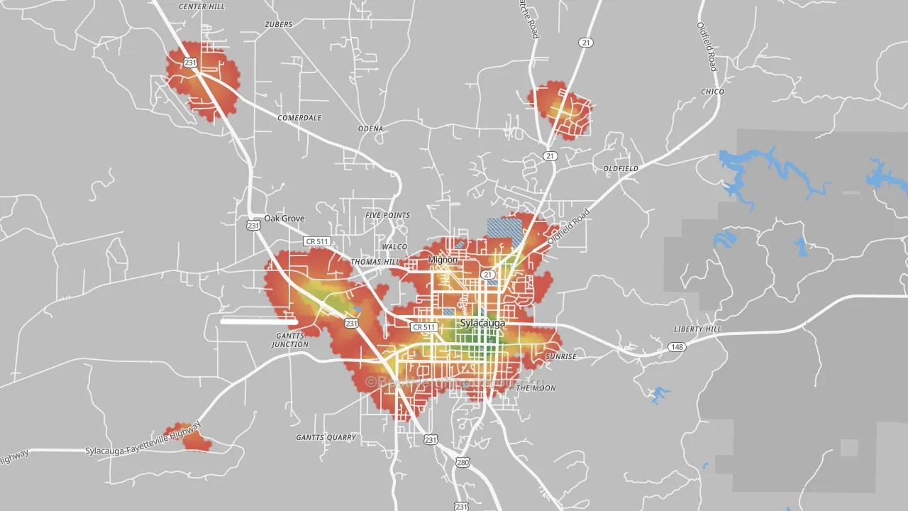 Walk Grade map of 35150, AL, walkable areas in green and car-dependent areas in red