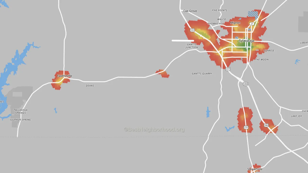 Walk Grade map of 35151, AL, walkable areas in green and car-dependent areas in red