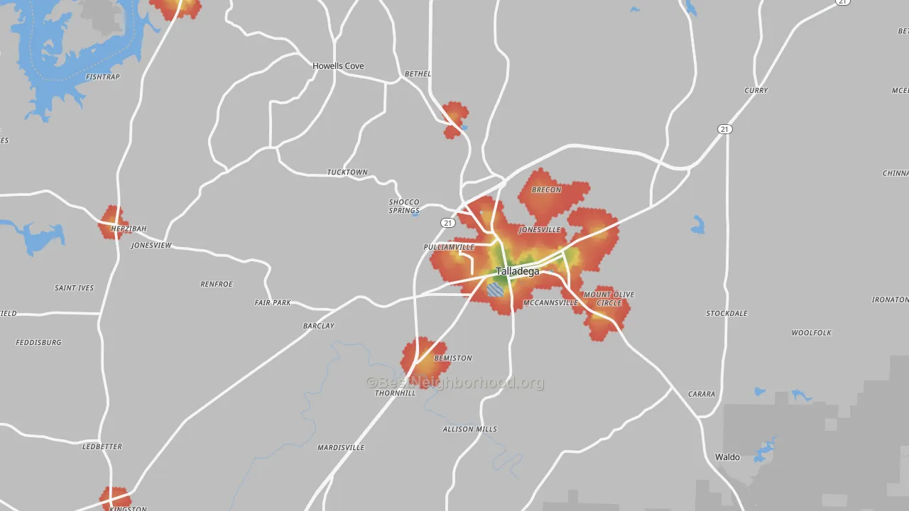 Walk Grade map of 35160, AL, walkable areas in green and car-dependent areas in red
