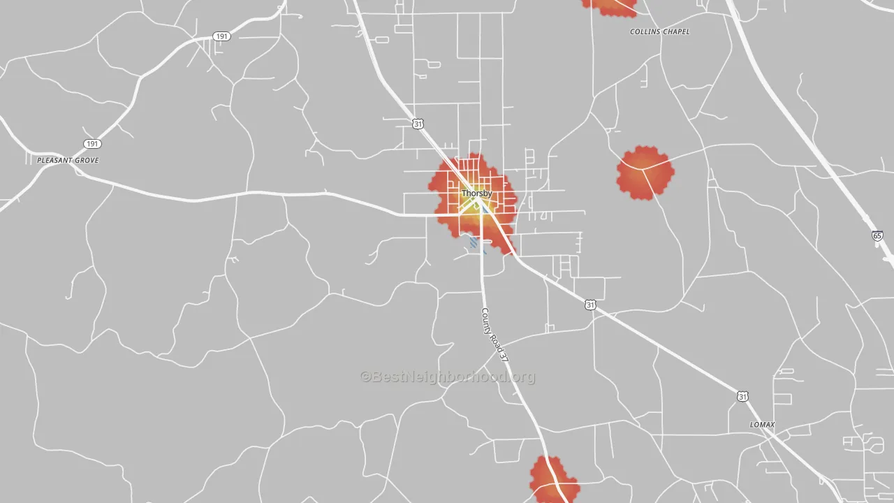 Walk Grade map of 35171, AL, walkable areas in green and car-dependent areas in red
