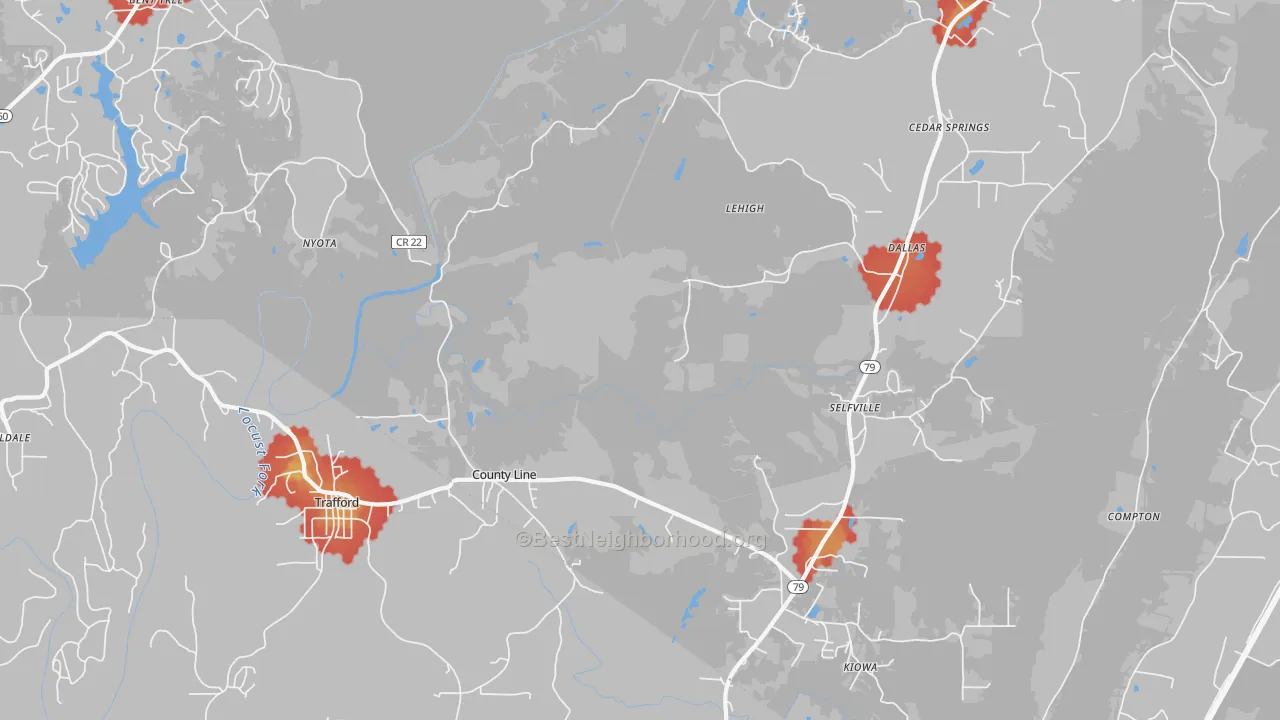 Walk Grade map of 35172, AL, walkable areas in green and car-dependent areas in red