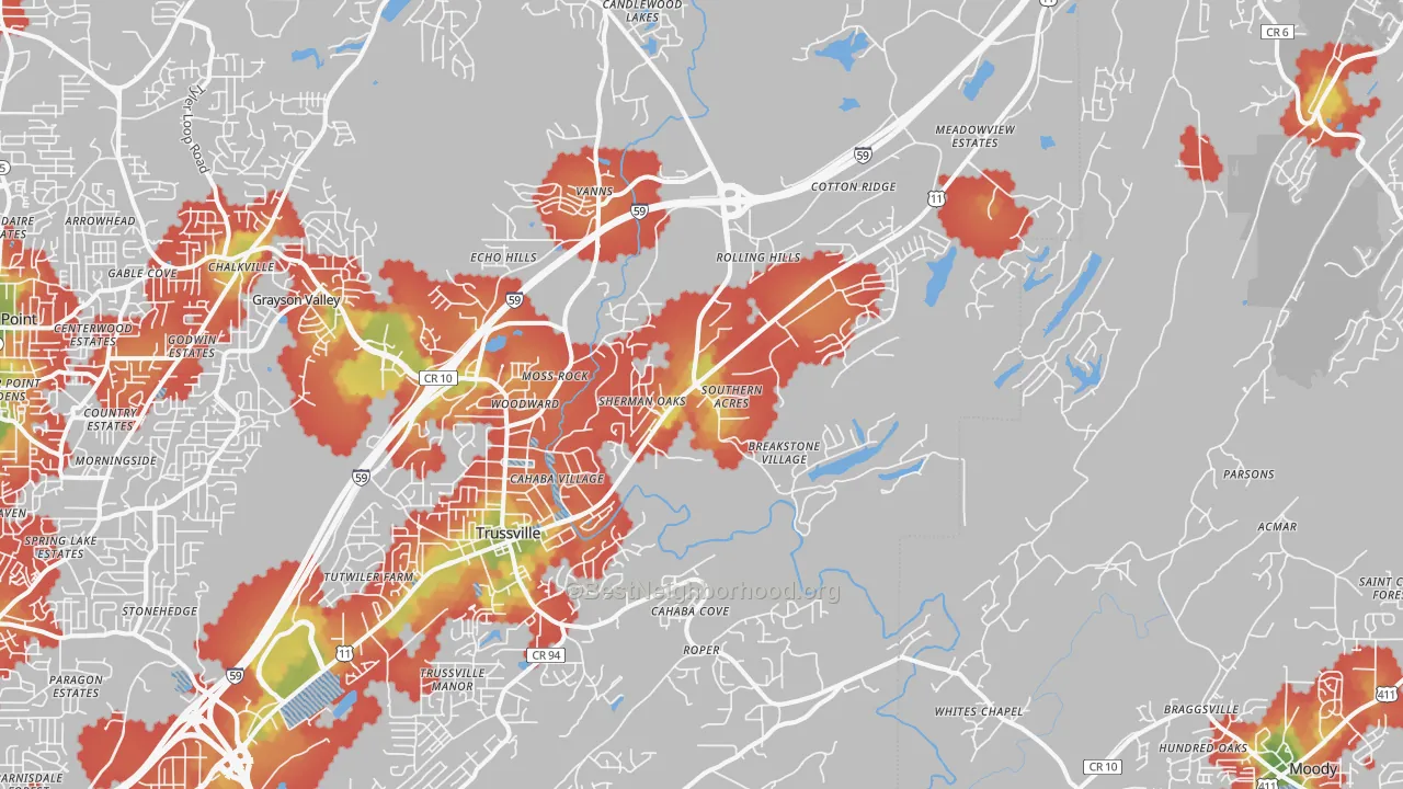 Walk Grade map of 35173, AL, walkable areas in green and car-dependent areas in red
