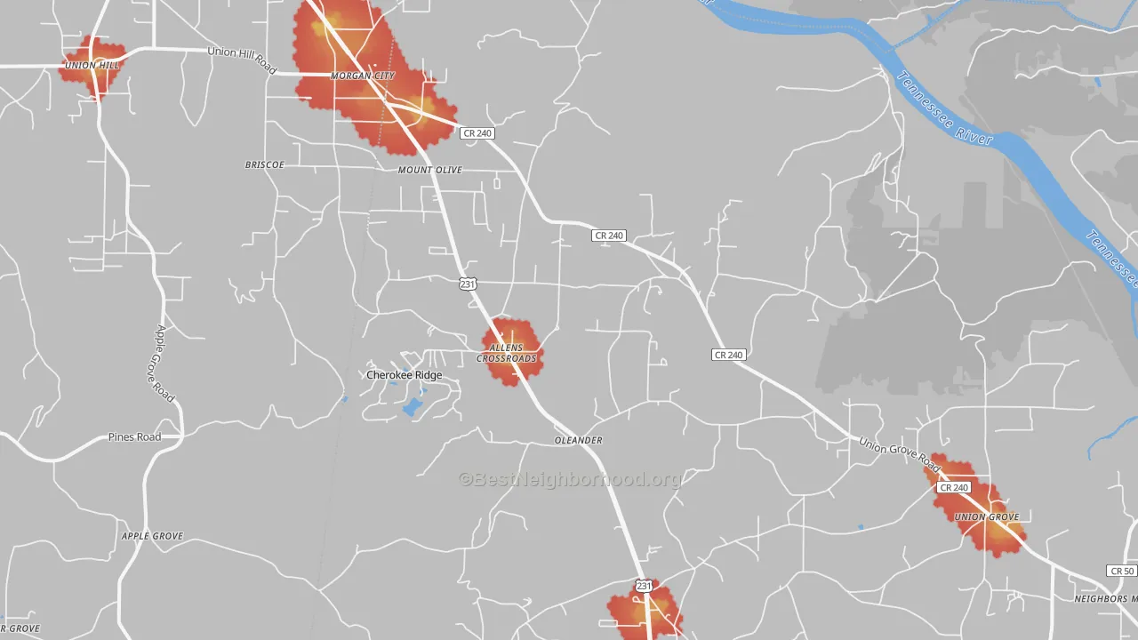 Walk Grade map of 35175, AL, walkable areas in green and car-dependent areas in red