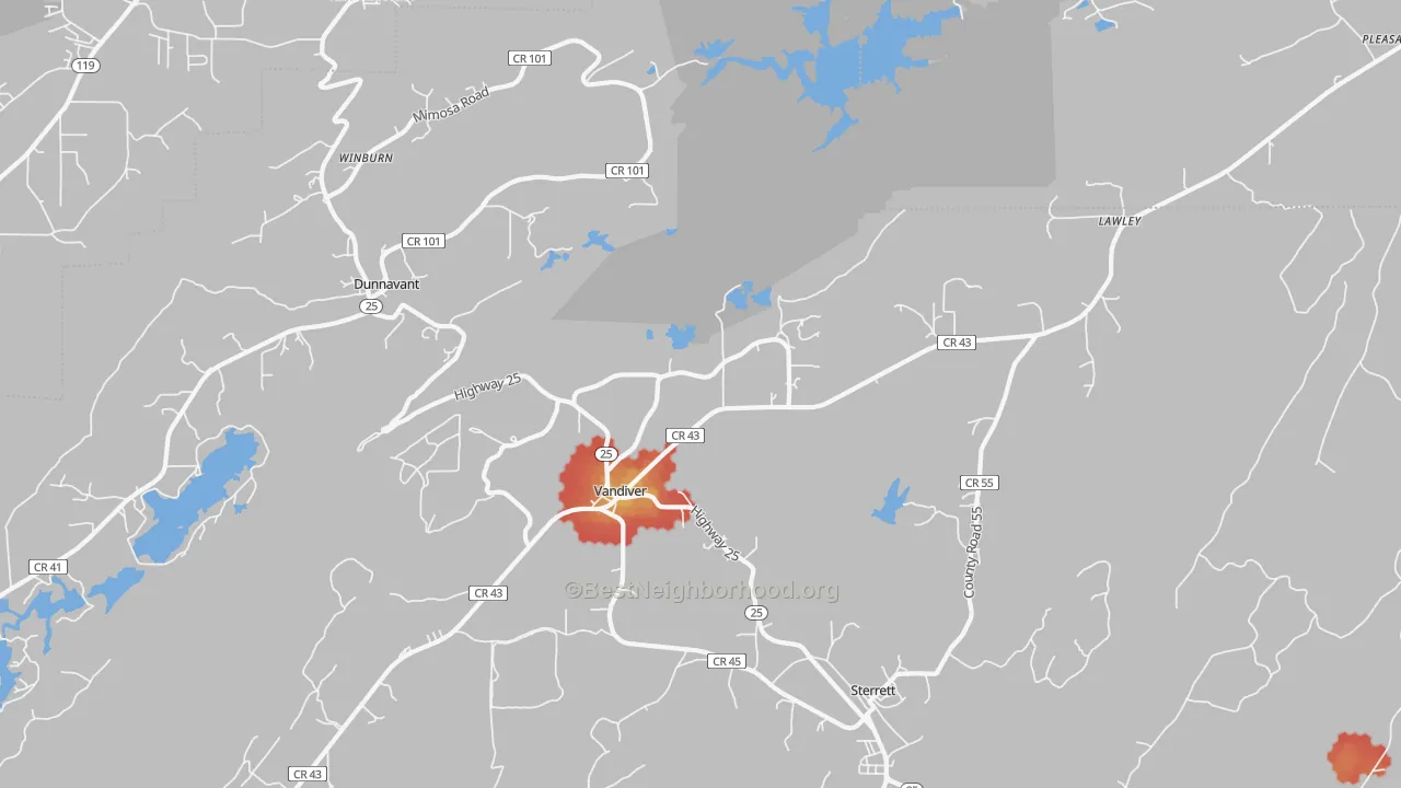 Walk Grade map of 35176, AL, walkable areas in green and car-dependent areas in red