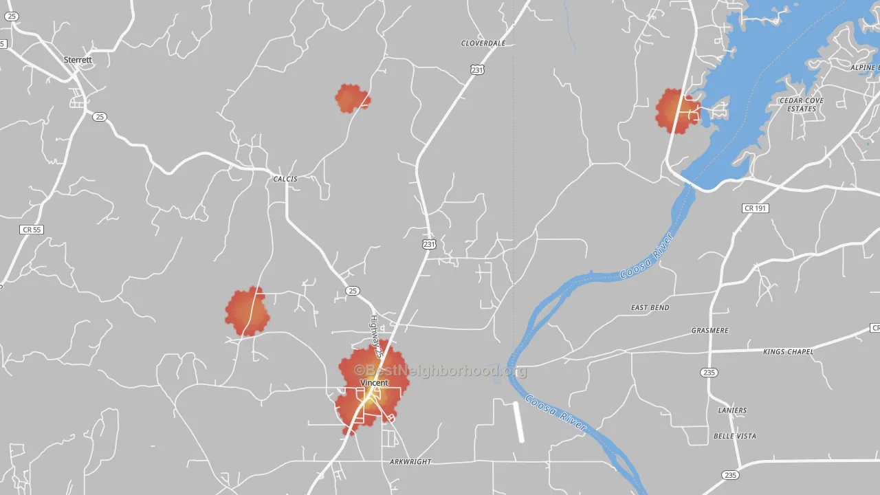 Walk Grade map of 35178, AL, walkable areas in green and car-dependent areas in red