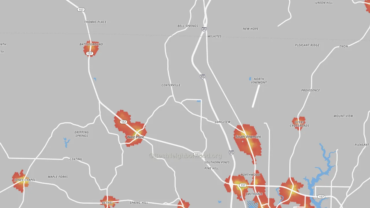 Walk Grade map of 35179, AL, walkable areas in green and car-dependent areas in red