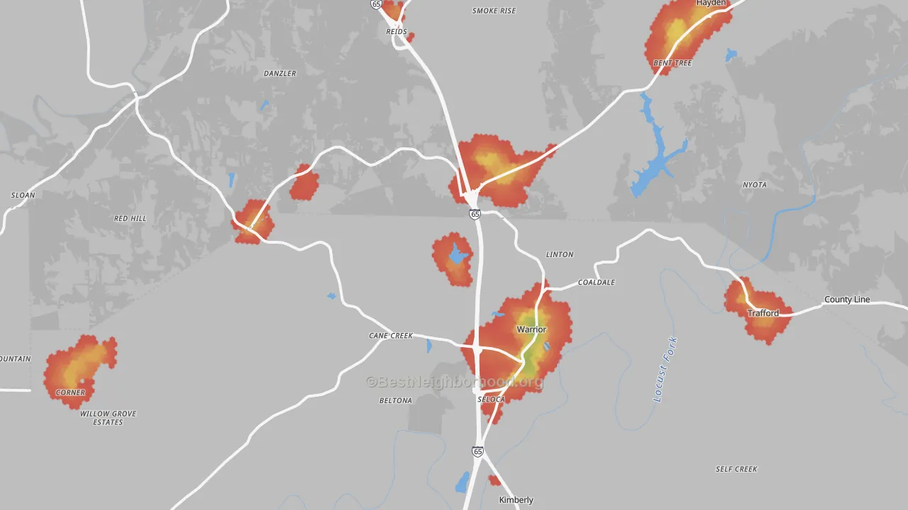 Walk Grade map of 35180, AL, walkable areas in green and car-dependent areas in red