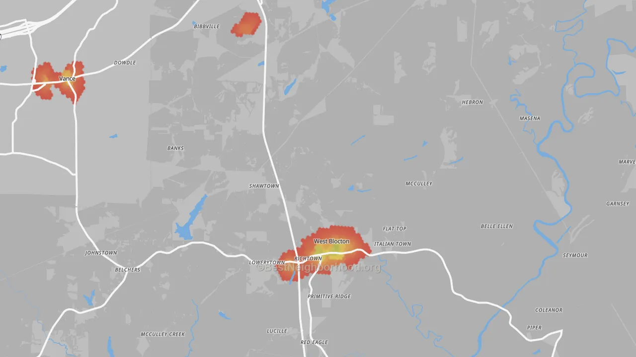 Walk Grade map of 35184, AL, walkable areas in green and car-dependent areas in red