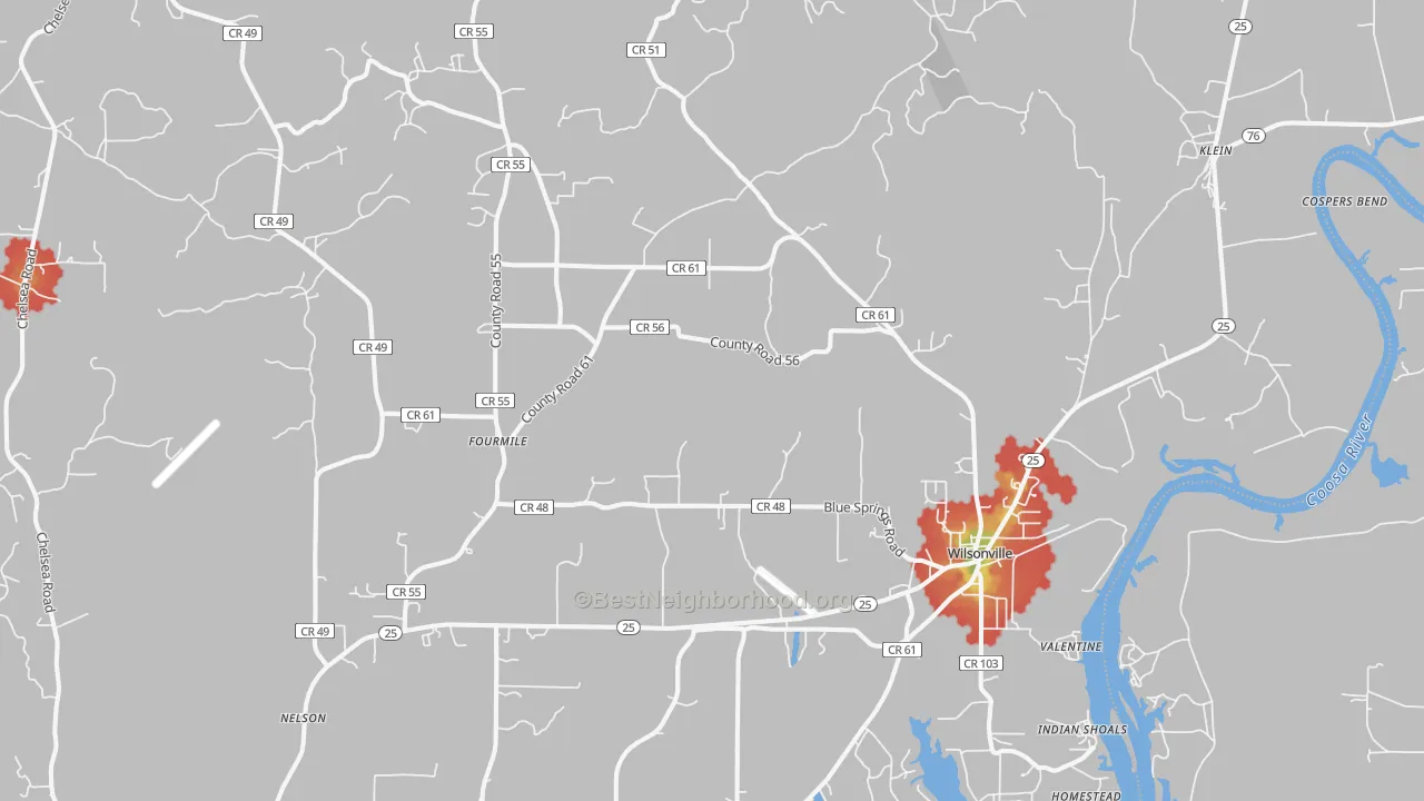 Walk Grade map of 35186, AL, walkable areas in green and car-dependent areas in red
