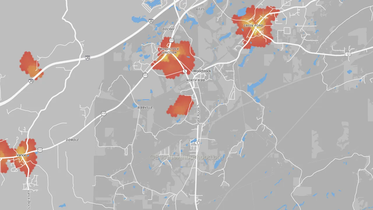 Walk Grade map of 35188, AL, walkable areas in green and car-dependent areas in red