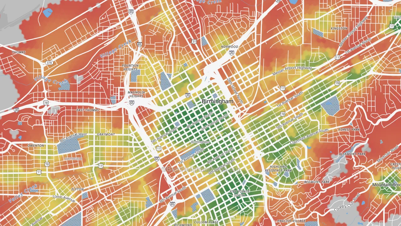 Walk Grade map of 35203, AL, walkable areas in green and car-dependent areas in red