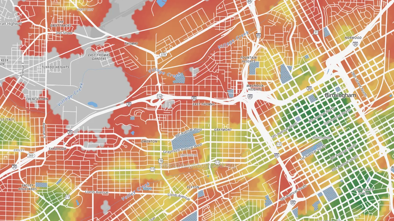 Walk Grade map of 35204, AL, walkable areas in green and car-dependent areas in red