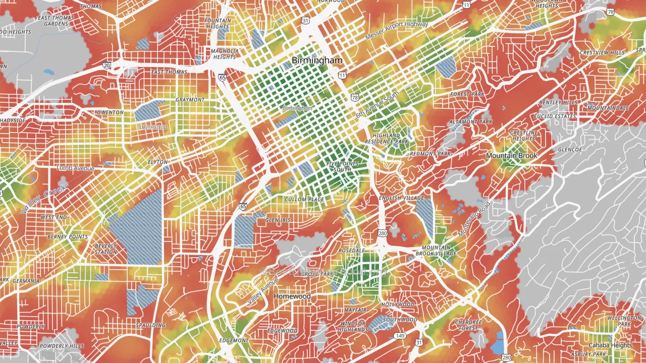 Walk Grade map of 35205, AL, walkable areas in green and car-dependent areas in red