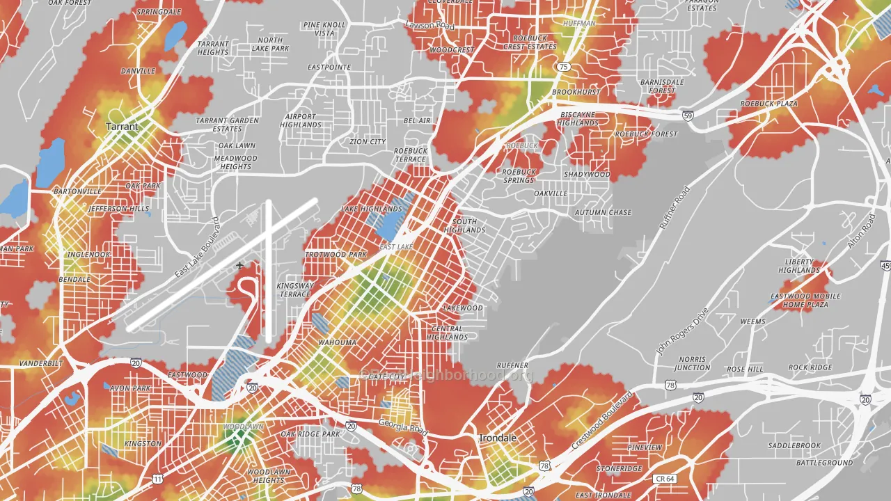 Walk Grade map of 35206, AL, walkable areas in green and car-dependent areas in red