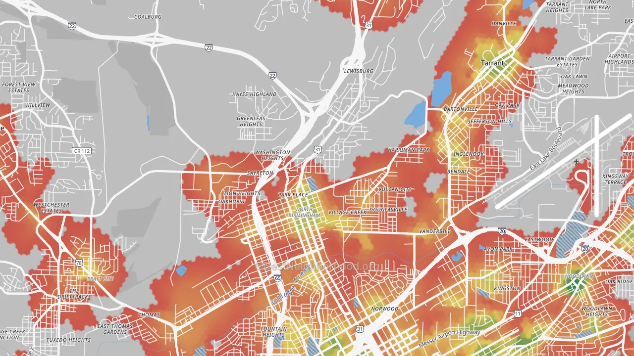 Walk Grade map of 35207, AL, walkable areas in green and car-dependent areas in red