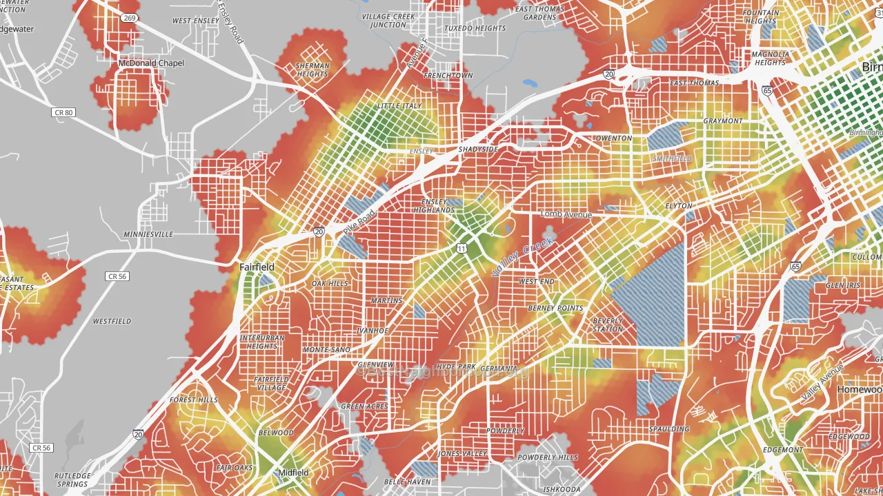 Walk Grade map of 35208, AL, walkable areas in green and car-dependent areas in red