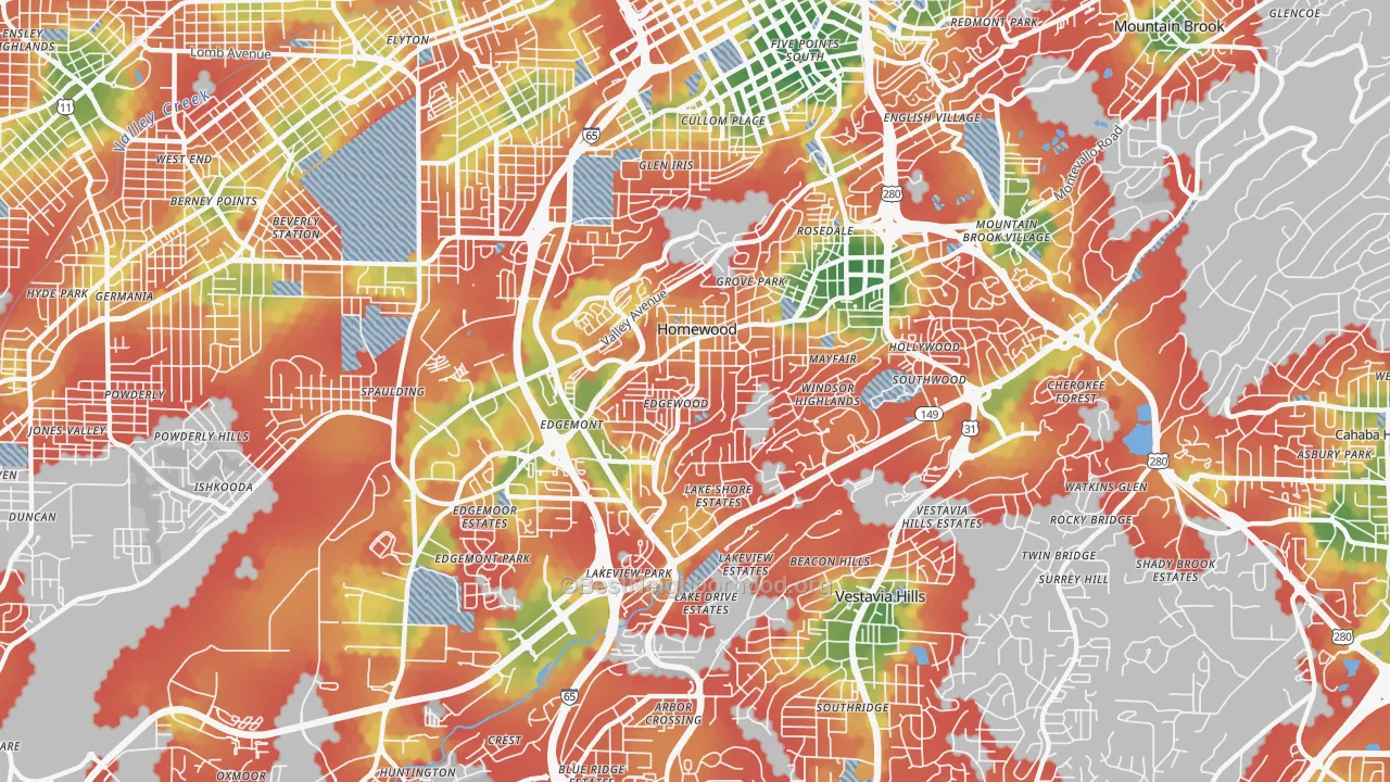 Walk Grade map of 35209, AL, walkable areas in green and car-dependent areas in red