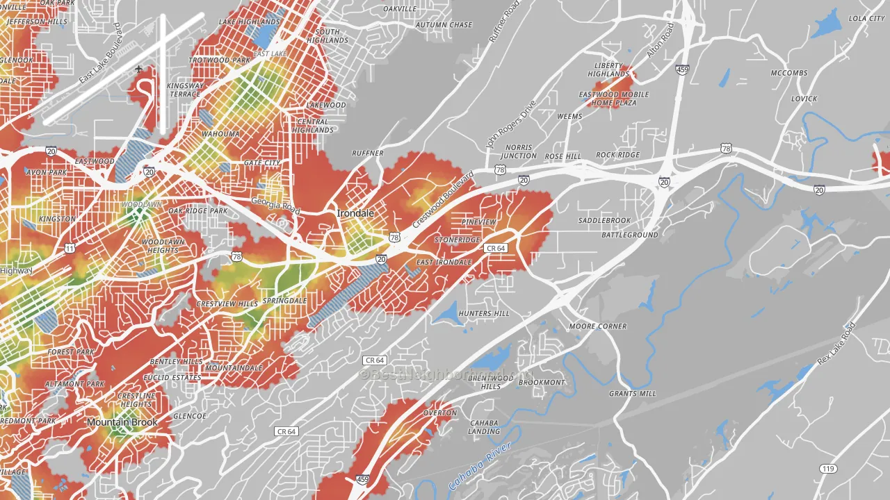 Walk Grade map of 35210, AL, walkable areas in green and car-dependent areas in red