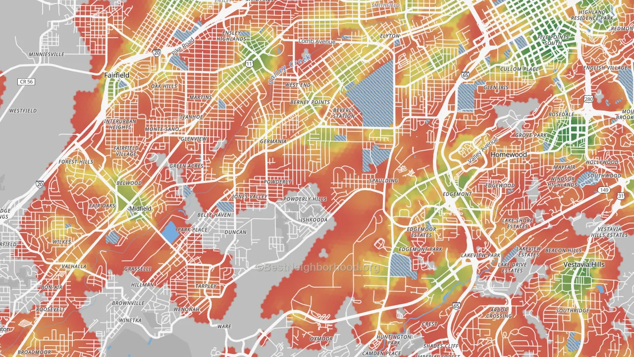 Walk Grade map of 35211, AL, walkable areas in green and car-dependent areas in red