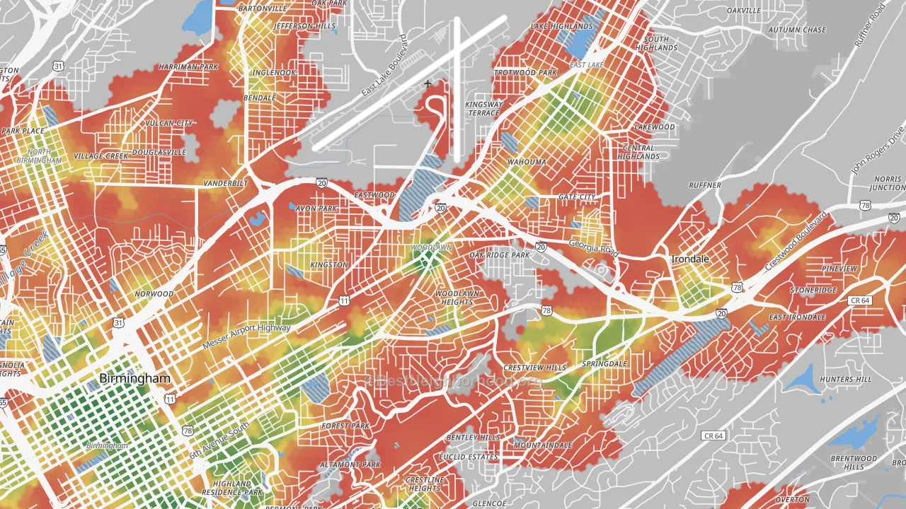 Walk Grade map of 35212, AL, walkable areas in green and car-dependent areas in red