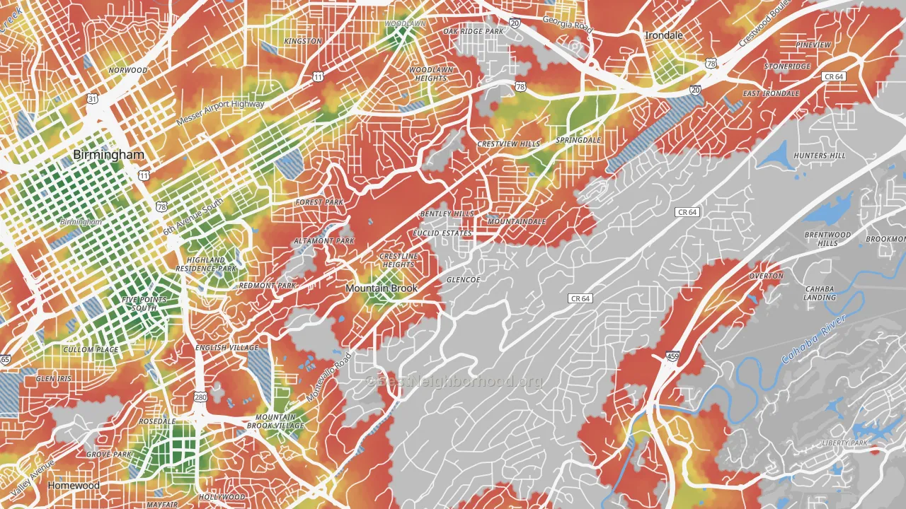 Walk Grade map of 35213, AL, walkable areas in green and car-dependent areas in red