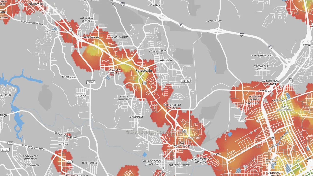 Walk Grade map of 35214, AL, walkable areas in green and car-dependent areas in red