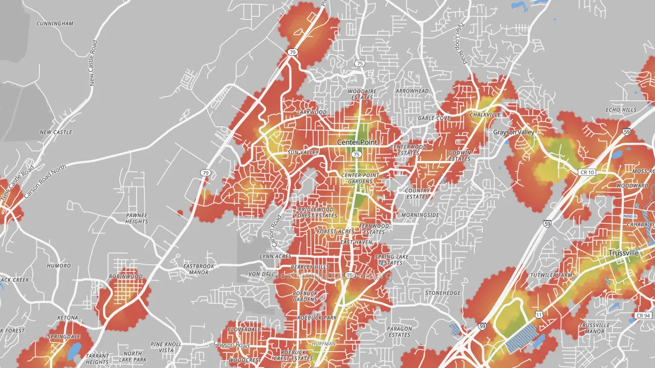 Walk Grade map of 35215, AL, walkable areas in green and car-dependent areas in red