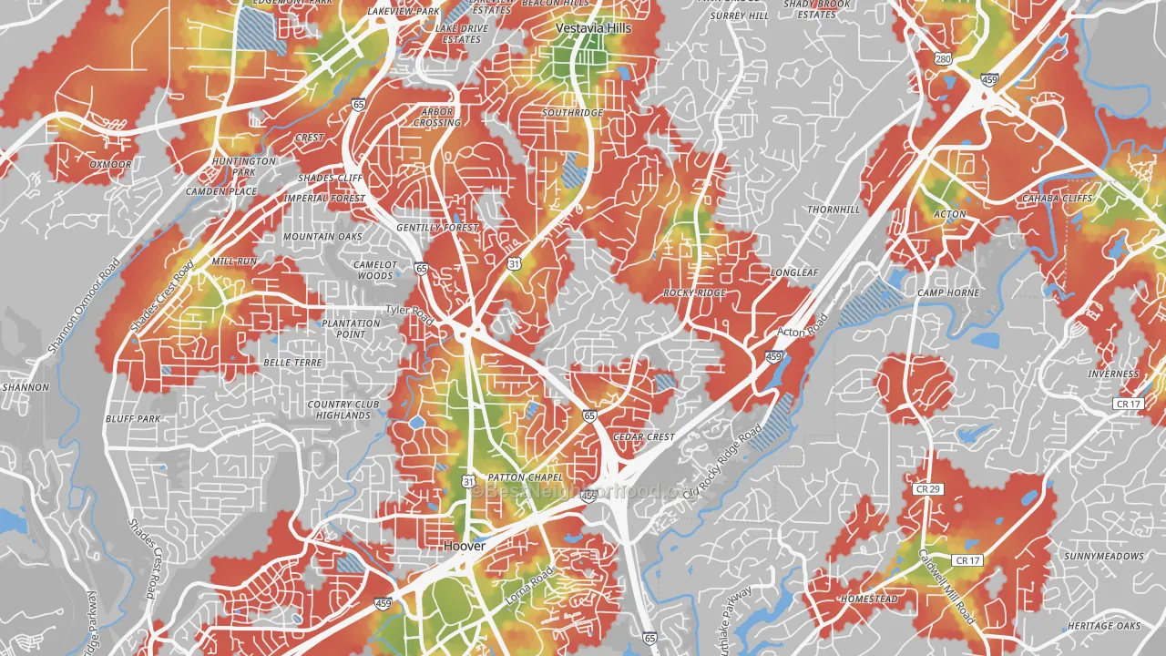 Walk Grade map of 35216, AL, walkable areas in green and car-dependent areas in red