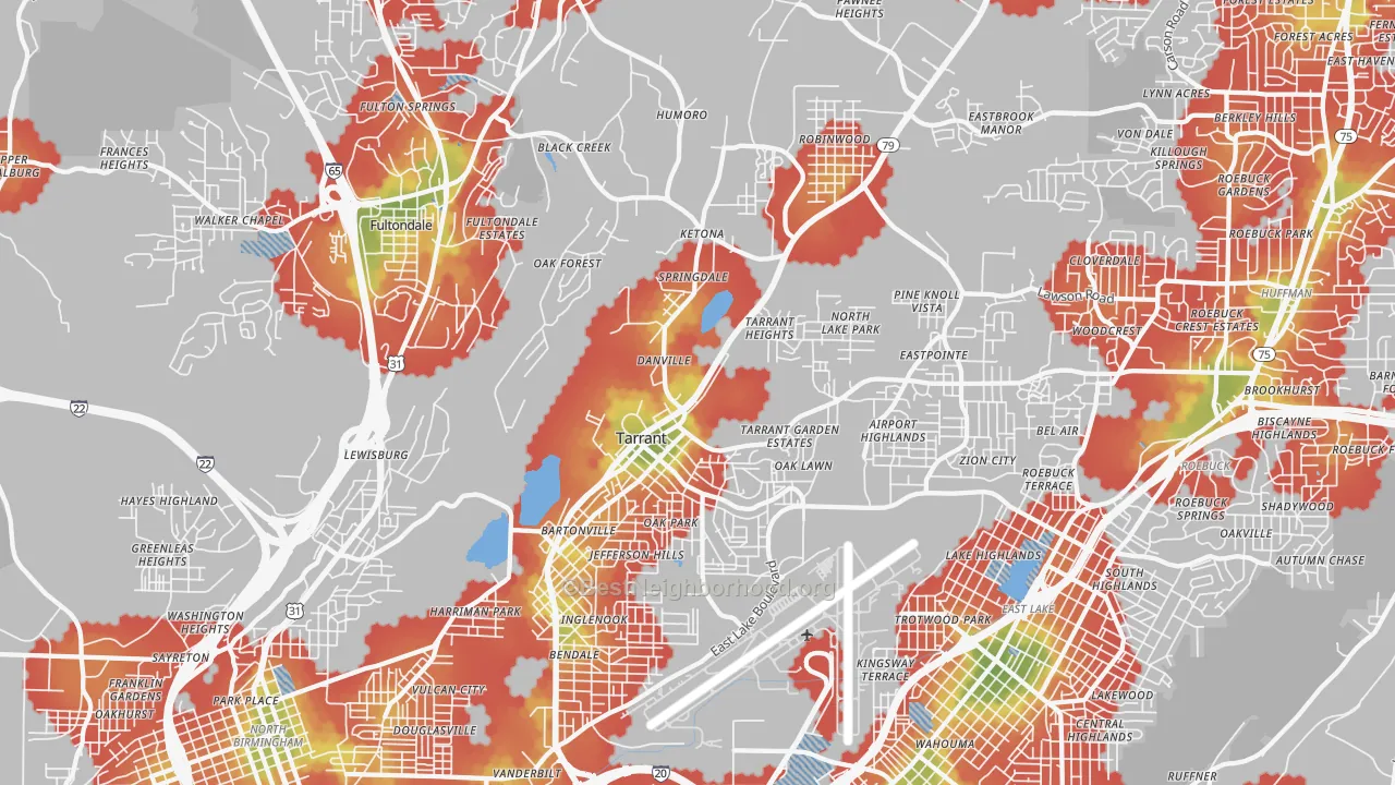 Walk Grade map of 35217, AL, walkable areas in green and car-dependent areas in red