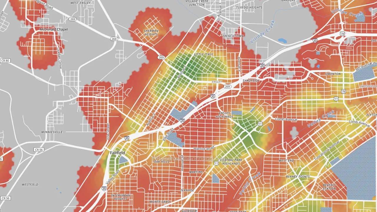 Walk Grade map of 35218, AL, walkable areas in green and car-dependent areas in red