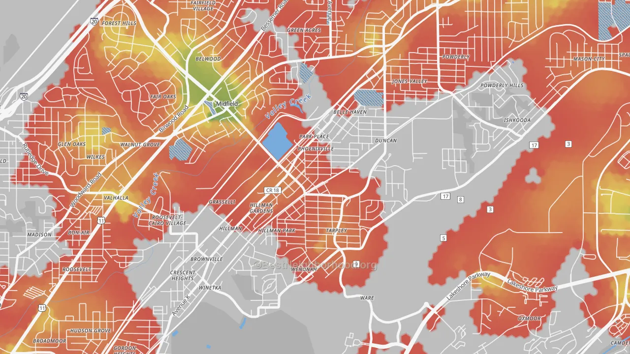 Walk Grade map of 35221, AL, walkable areas in green and car-dependent areas in red