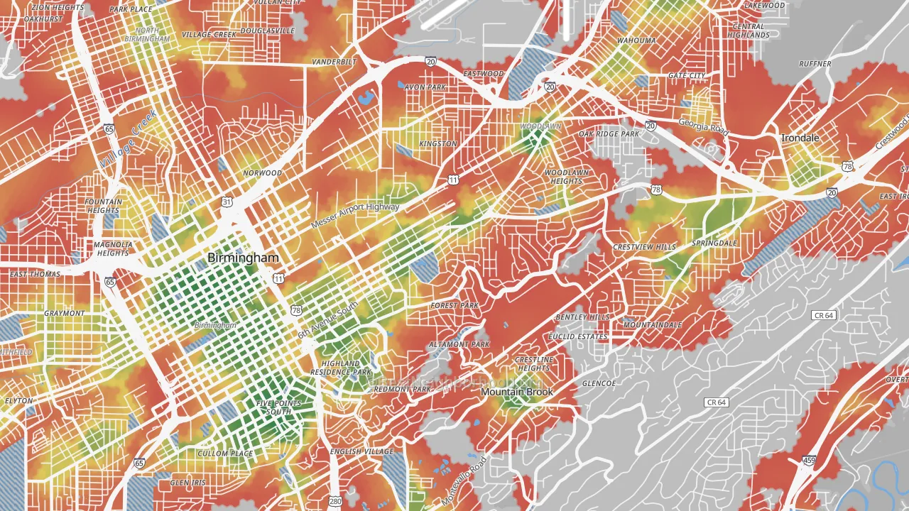 Walk Grade map of 35222, AL, walkable areas in green and car-dependent areas in red